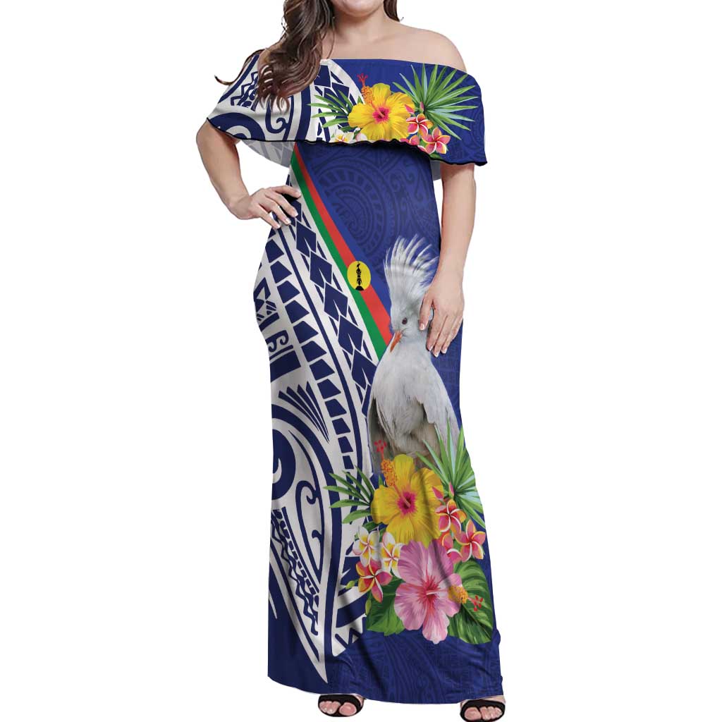 New Caledonia Kagu Bird Off Shoulder Maxi Dress Polynesian Tropical Flowers