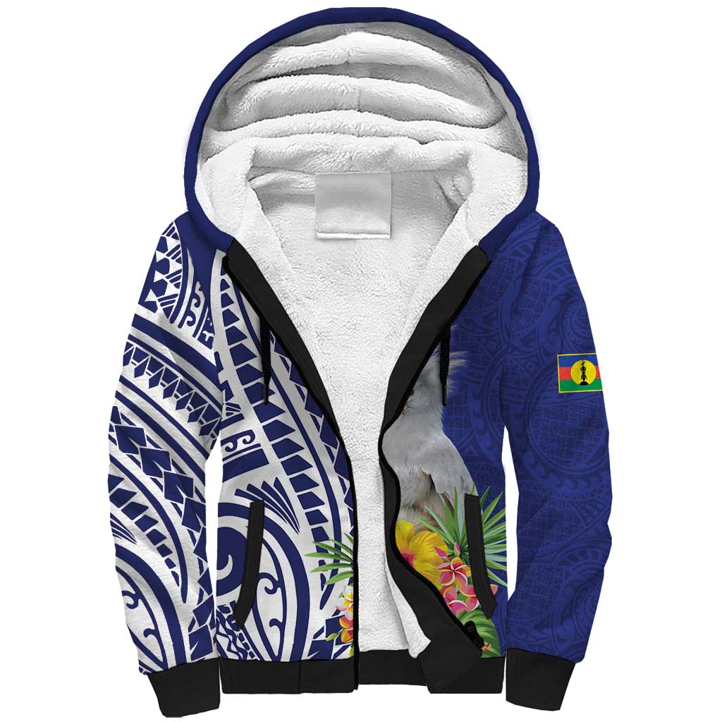 New Caledonia Kagu Bird Sherpa Hoodie Polynesian Tropical Flowers