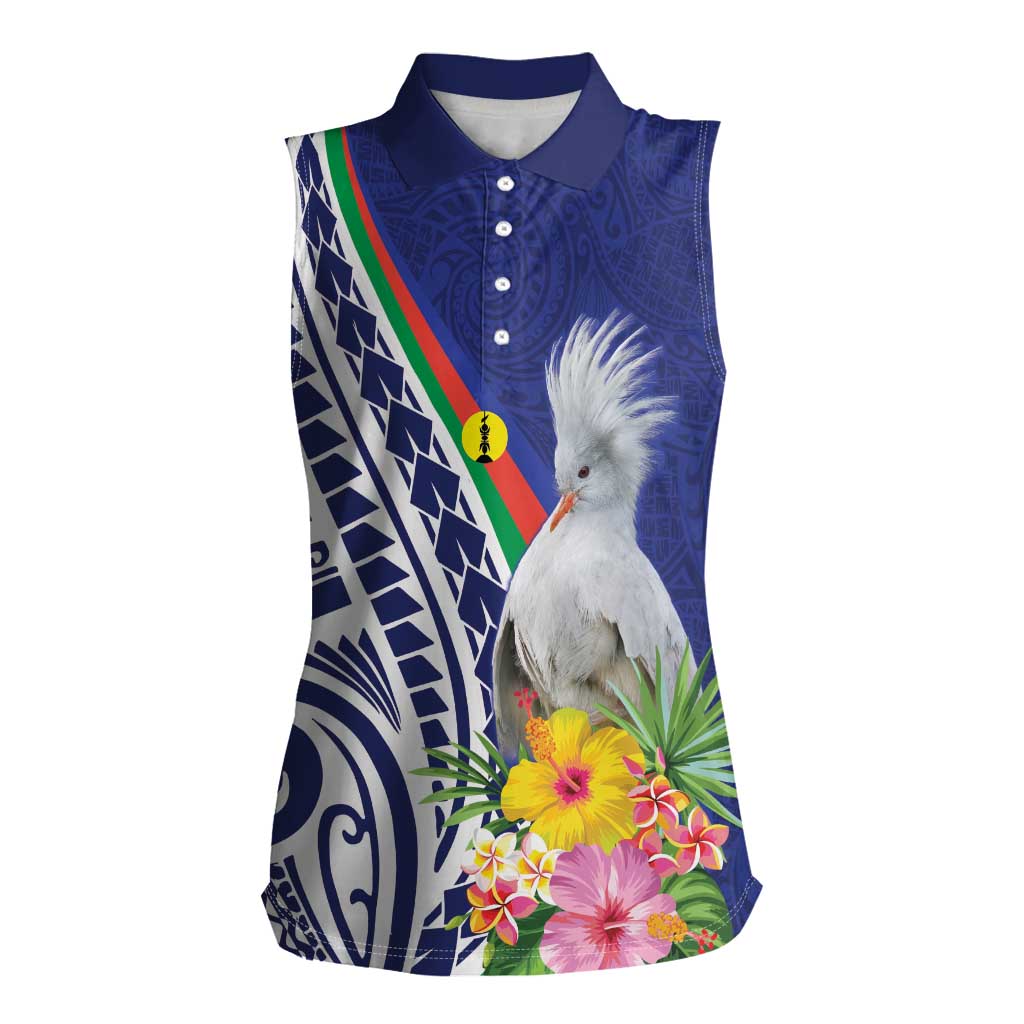 New Caledonia Kagu Bird Women Sleeveless Polo Shirt Polynesian Tropical Flowers