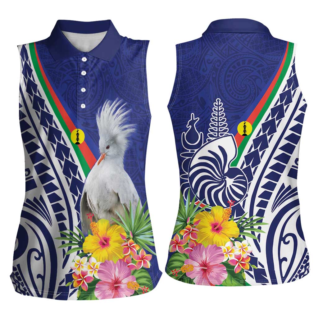New Caledonia Kagu Bird Women Sleeveless Polo Shirt Polynesian Tropical Flowers