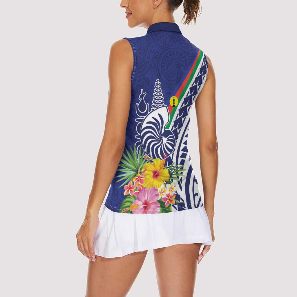 New Caledonia Kagu Bird Women Sleeveless Polo Shirt Polynesian Tropical Flowers