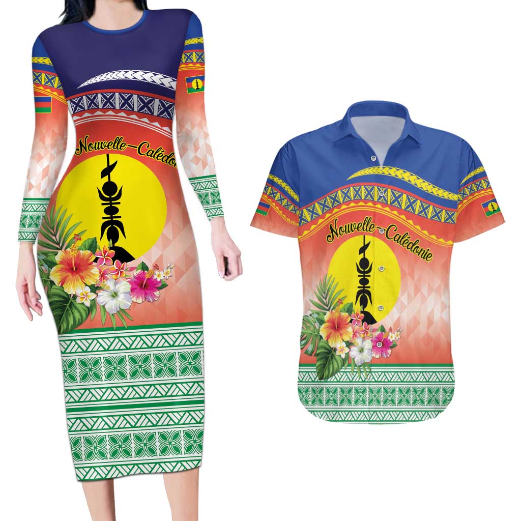 New Caledonia Nautilus Shell Couples Matching Long Sleeve Bodycon Dress and Hawaiian Shirt Polynesian Tropical Flowers