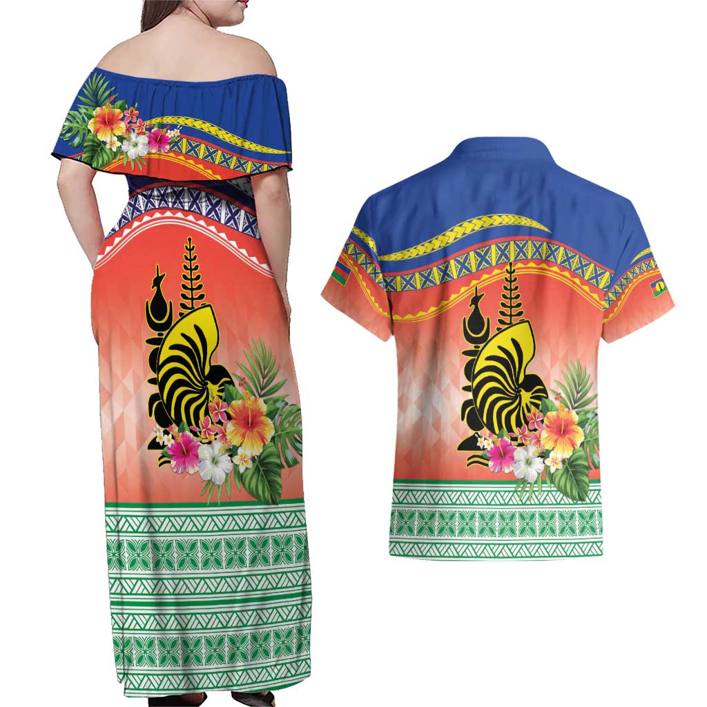 New Caledonia Nautilus Shell Couples Matching Off Shoulder Maxi Dress and Hawaiian Shirt Polynesian Tropical Flowers
