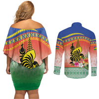 New Caledonia Nautilus Shell Couples Matching Off Shoulder Short Dress and Long Sleeve Button Shirt Polynesian Tropical Flowers