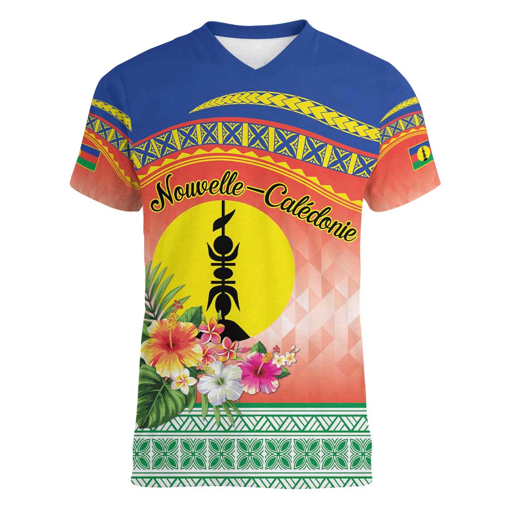 New Caledonia Nautilus Shell Women V-Neck T-Shirt Polynesian Tropical Flowers