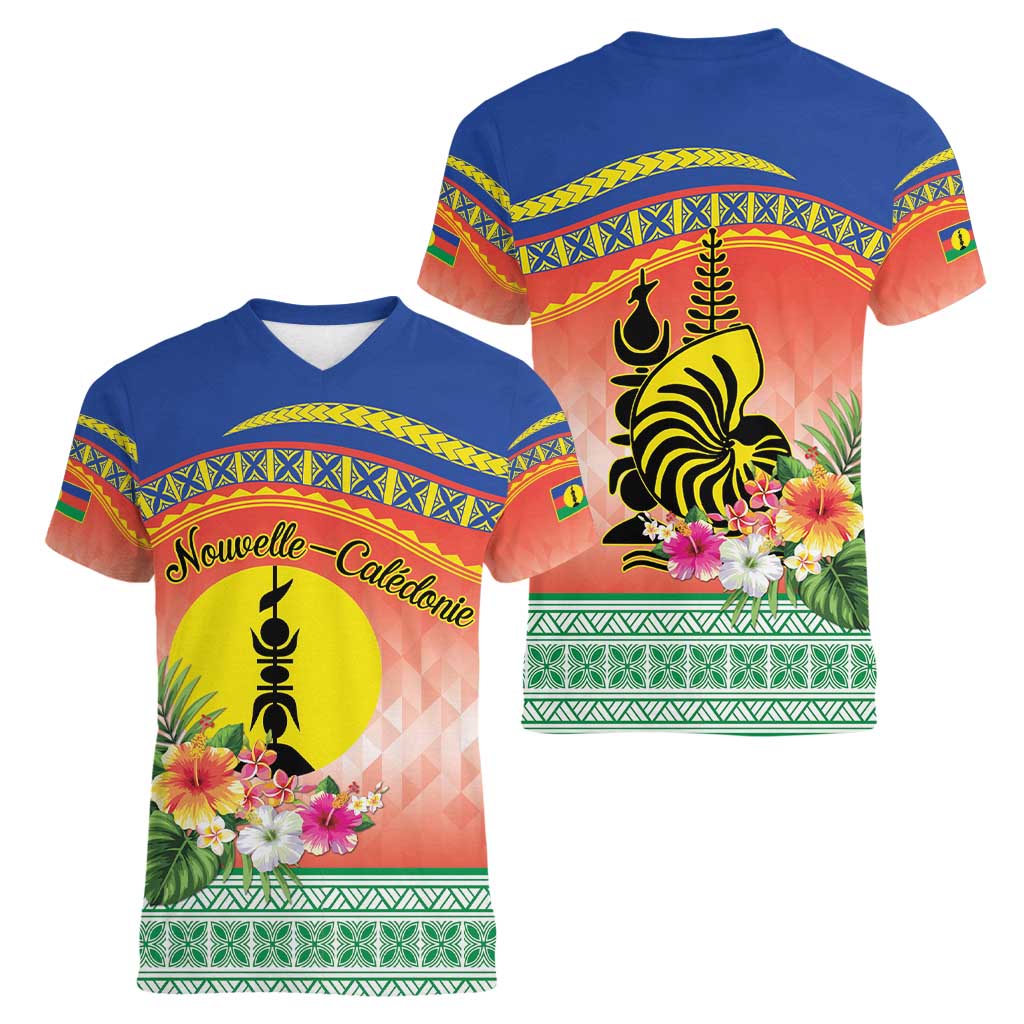 New Caledonia Nautilus Shell Women V-Neck T-Shirt Polynesian Tropical Flowers