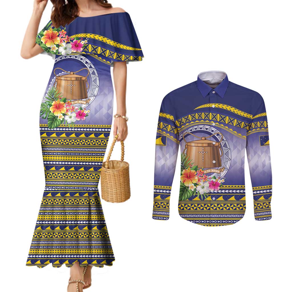 Tokelau Tuluma Couples Matching Mermaid Dress and Long Sleeve Button Shirt Polynesian Tropical Flowers