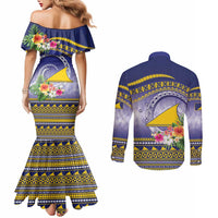 Tokelau Tuluma Couples Matching Mermaid Dress and Long Sleeve Button Shirt Polynesian Tropical Flowers