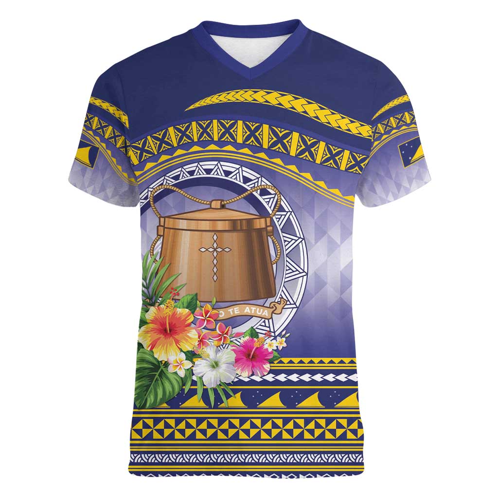 Tokelau Tuluma Women V-Neck T-Shirt Polynesian Tropical Flowers