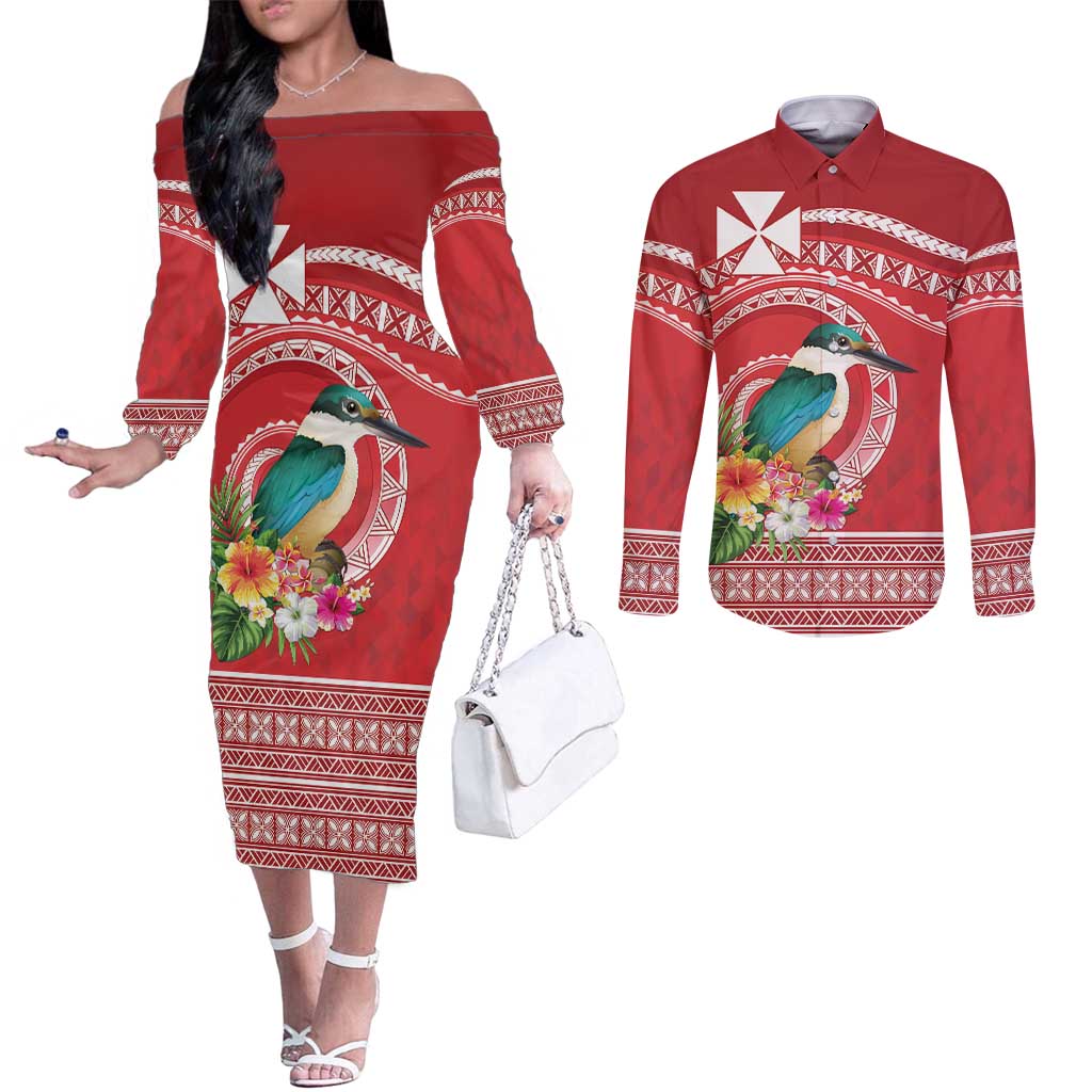Wallis et Futuna Kingfisher Couples Matching Off The Shoulder Long Sleeve Dress and Long Sleeve Button Shirt Polynesian Tropical Flowers