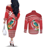 Wallis et Futuna Kingfisher Couples Matching Off The Shoulder Long Sleeve Dress and Long Sleeve Button Shirt Polynesian Tropical Flowers