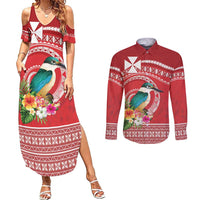 Wallis et Futuna Kingfisher Couples Matching Summer Maxi Dress and Long Sleeve Button Shirt Polynesian Tropical Flowers LT9 Red - Polynesian Pride