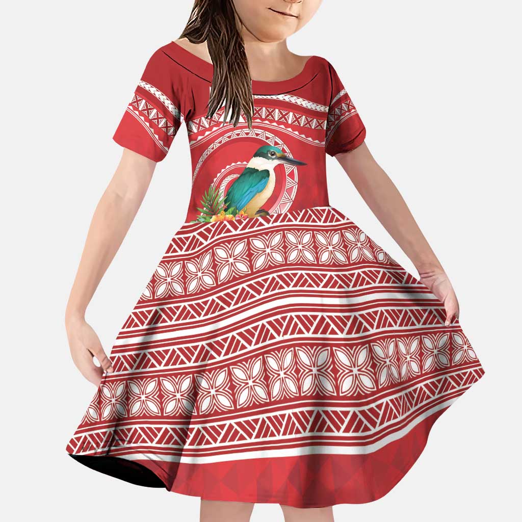 Wallis et Futuna Kingfisher Family Matching Puletasi and Hawaiian Shirt Polynesian Tropical Flowers LT9 Daughter's Dress Red - Polynesian Pride