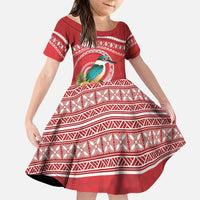Wallis et Futuna Kingfisher Family Matching Puletasi and Hawaiian Shirt Polynesian Tropical Flowers LT9 Daughter's Dress Red - Polynesian Pride