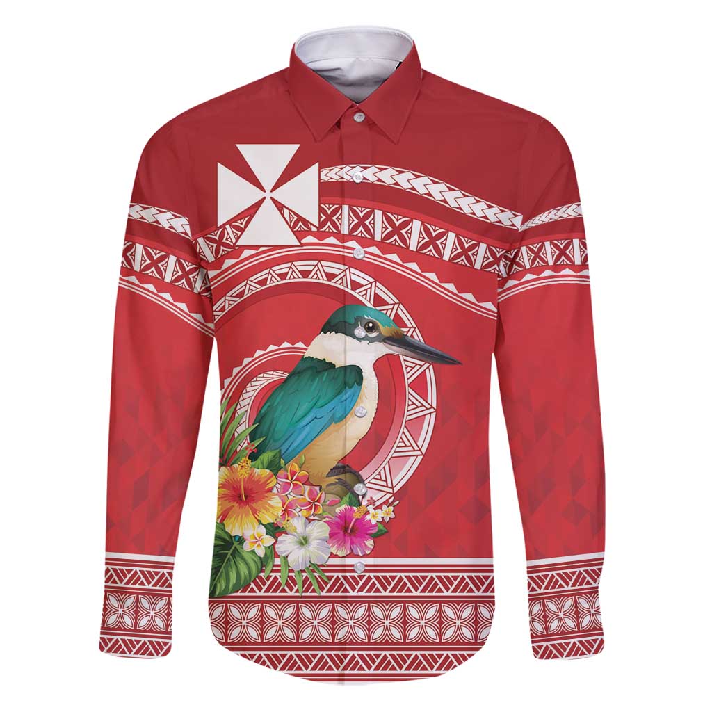 Wallis et Futuna Kingfisher Family Matching Puletasi and Hawaiian Shirt Polynesian Tropical Flowers LT9 Dad's Shirt - Long Sleeve Red - Polynesian Pride
