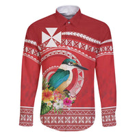 Wallis et Futuna Kingfisher Family Matching Puletasi and Hawaiian Shirt Polynesian Tropical Flowers LT9 Dad's Shirt - Long Sleeve Red - Polynesian Pride