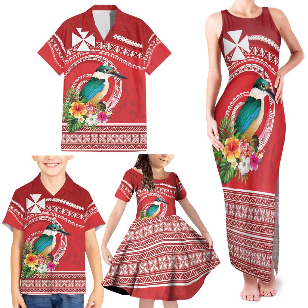 Wallis et Futuna Kingfisher Family Matching Tank Maxi Dress and Hawaiian Shirt Polynesian Tropical Flowers