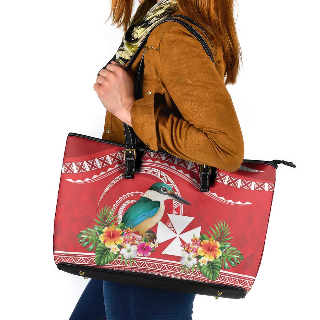 Wallis et Futuna Kingfisher Leather Tote Bag Polynesian Tropical Flowers