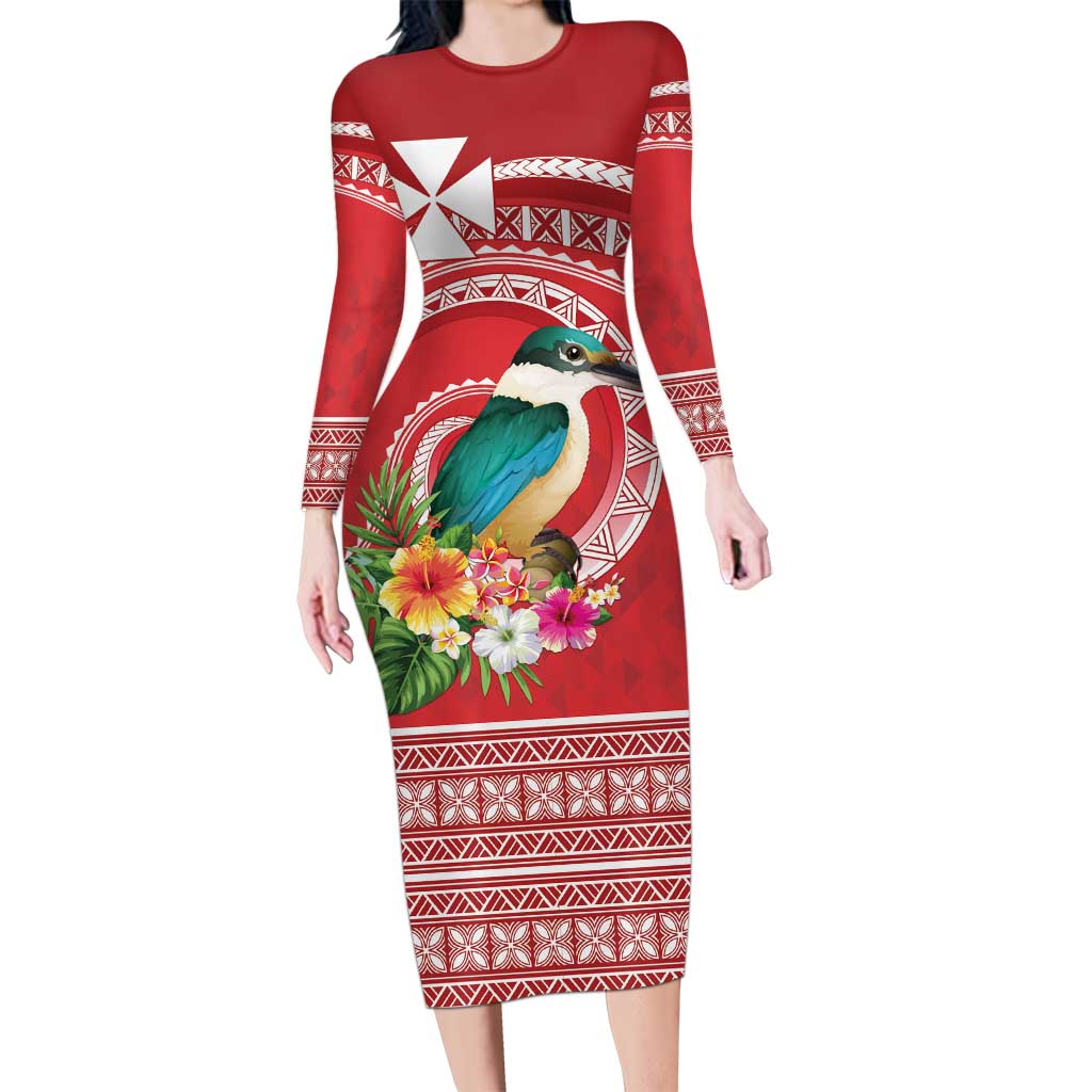 Wallis et Futuna Kingfisher Long Sleeve Bodycon Dress Polynesian Tropical Flowers LT9 Long Dress Red - Polynesian Pride