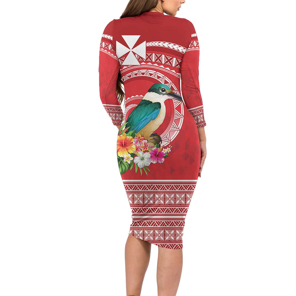 Wallis et Futuna Kingfisher Long Sleeve Bodycon Dress Polynesian Tropical Flowers LT9 - Polynesian Pride