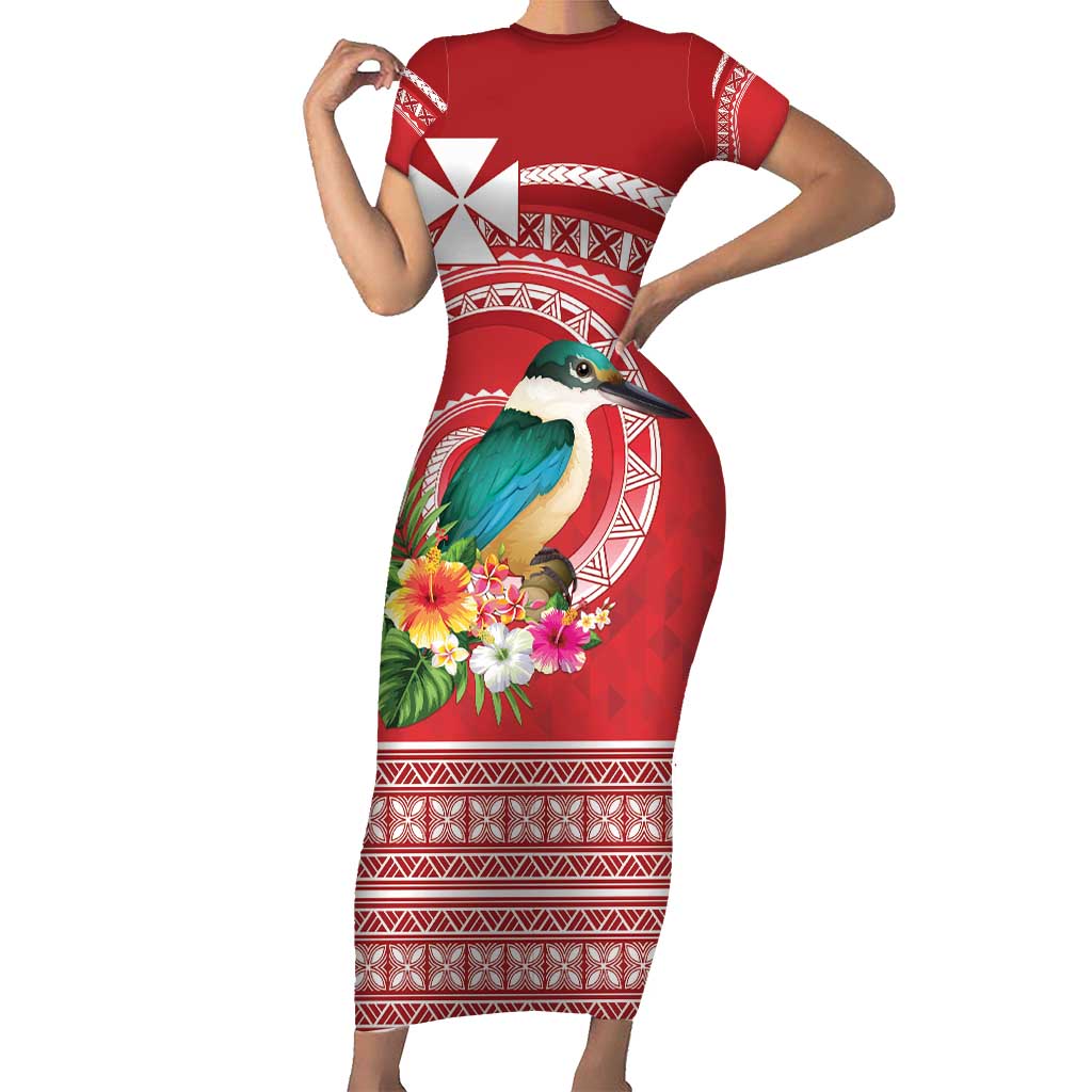 Wallis et Futuna Kingfisher Short Sleeve Bodycon Dress Polynesian Tropical Flowers