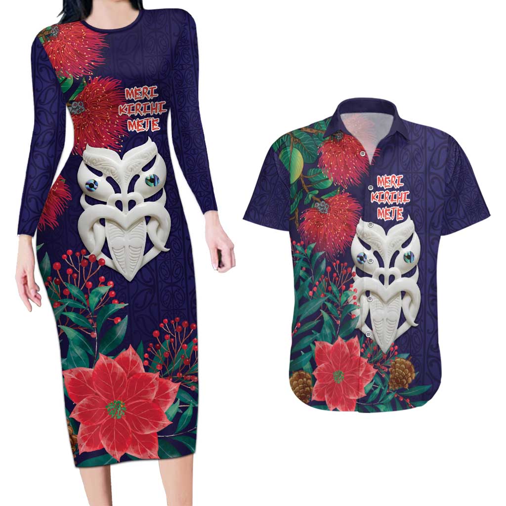 Maori Wheku Meri Kirihimete Personalised Couples Matching Long Sleeve Bodycon Dress and Hawaiian Shirt All Blue Indigenous Maori Motif LT9 Blue - Polynesian Pride