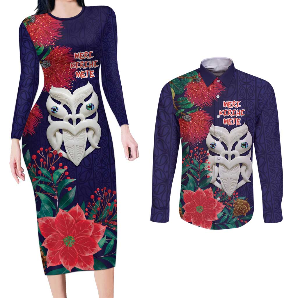 Maori Wheku Meri Kirihimete Personalised Couples Matching Long Sleeve Bodycon Dress and Long Sleeve Button Shirt All Blue Indigenous Maori Motif LT9 Blue - Polynesian Pride