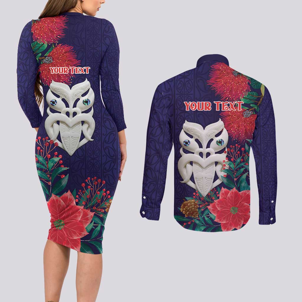 Maori Wheku Meri Kirihimete Personalised Couples Matching Long Sleeve Bodycon Dress and Long Sleeve Button Shirt All Blue Indigenous Maori Motif LT9 - Polynesian Pride