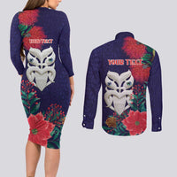 Maori Wheku Meri Kirihimete Personalised Couples Matching Long Sleeve Bodycon Dress and Long Sleeve Button Shirt All Blue Indigenous Maori Motif LT9 - Polynesian Pride