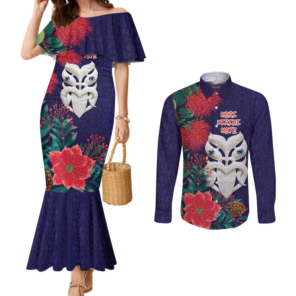 Maori Wheku Meri Kirihimete Personalised Couples Matching Mermaid Dress and Long Sleeve Button Shirt All Blue Indigenous Maori Motif LT9 Blue - Polynesian Pride