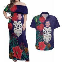 Maori Wheku Meri Kirihimete Personalised Couples Matching Off Shoulder Maxi Dress and Hawaiian Shirt All Blue Indigenous Maori Motif LT9 Blue - Polynesian Pride
