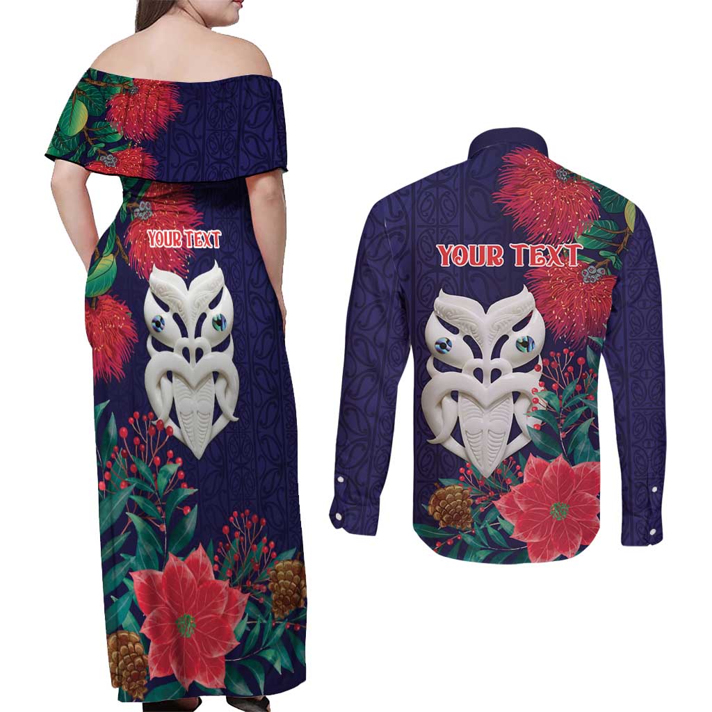 Maori Wheku Meri Kirihimete Personalised Couples Matching Off Shoulder Maxi Dress and Long Sleeve Button Shirt All Blue Indigenous Maori Motif LT9 - Polynesian Pride