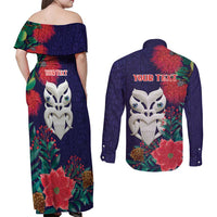 Maori Wheku Meri Kirihimete Personalised Couples Matching Off Shoulder Maxi Dress and Long Sleeve Button Shirt All Blue Indigenous Maori Motif LT9 - Polynesian Pride