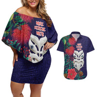 Maori Wheku Meri Kirihimete Personalised Couples Matching Off Shoulder Short Dress and Hawaiian Shirt All Blue Indigenous Maori Motif LT9 Blue - Polynesian Pride