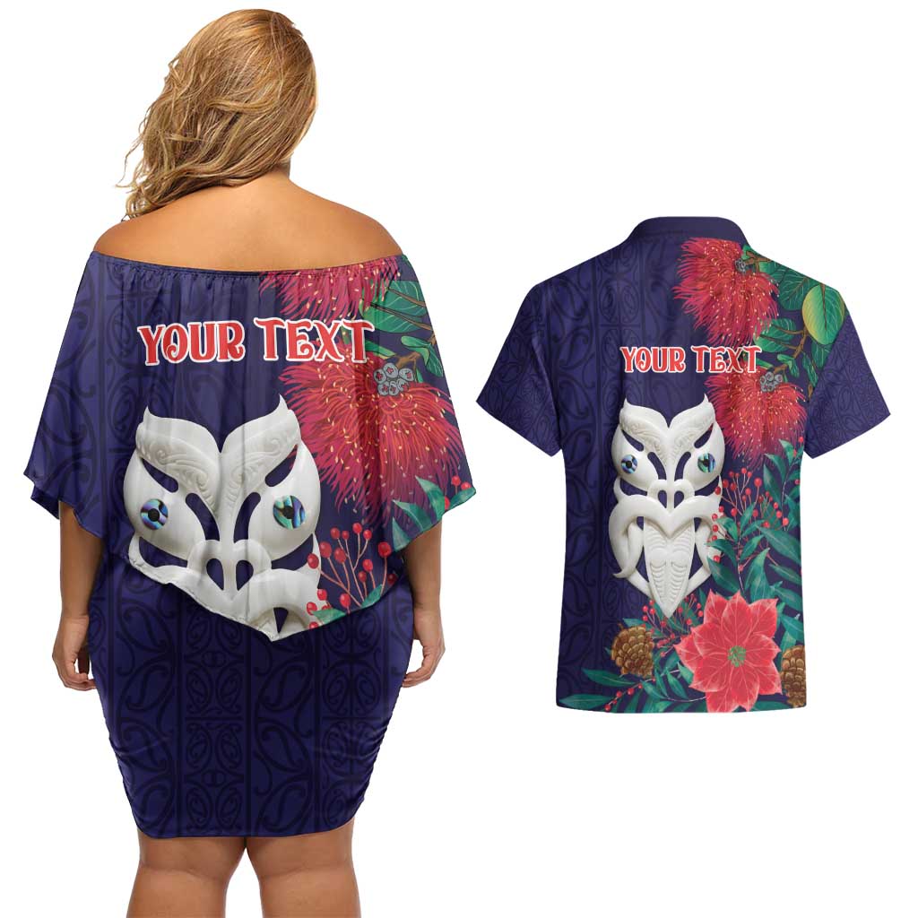Maori Wheku Meri Kirihimete Personalised Couples Matching Off Shoulder Short Dress and Hawaiian Shirt All Blue Indigenous Maori Motif LT9 - Polynesian Pride