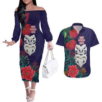 Maori Wheku Meri Kirihimete Personalised Couples Matching Off The Shoulder Long Sleeve Dress and Hawaiian Shirt All Blue Indigenous Maori Motif LT9 Blue - Polynesian Pride