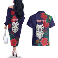 Maori Wheku Meri Kirihimete Personalised Couples Matching Off The Shoulder Long Sleeve Dress and Hawaiian Shirt All Blue Indigenous Maori Motif LT9 - Polynesian Pride