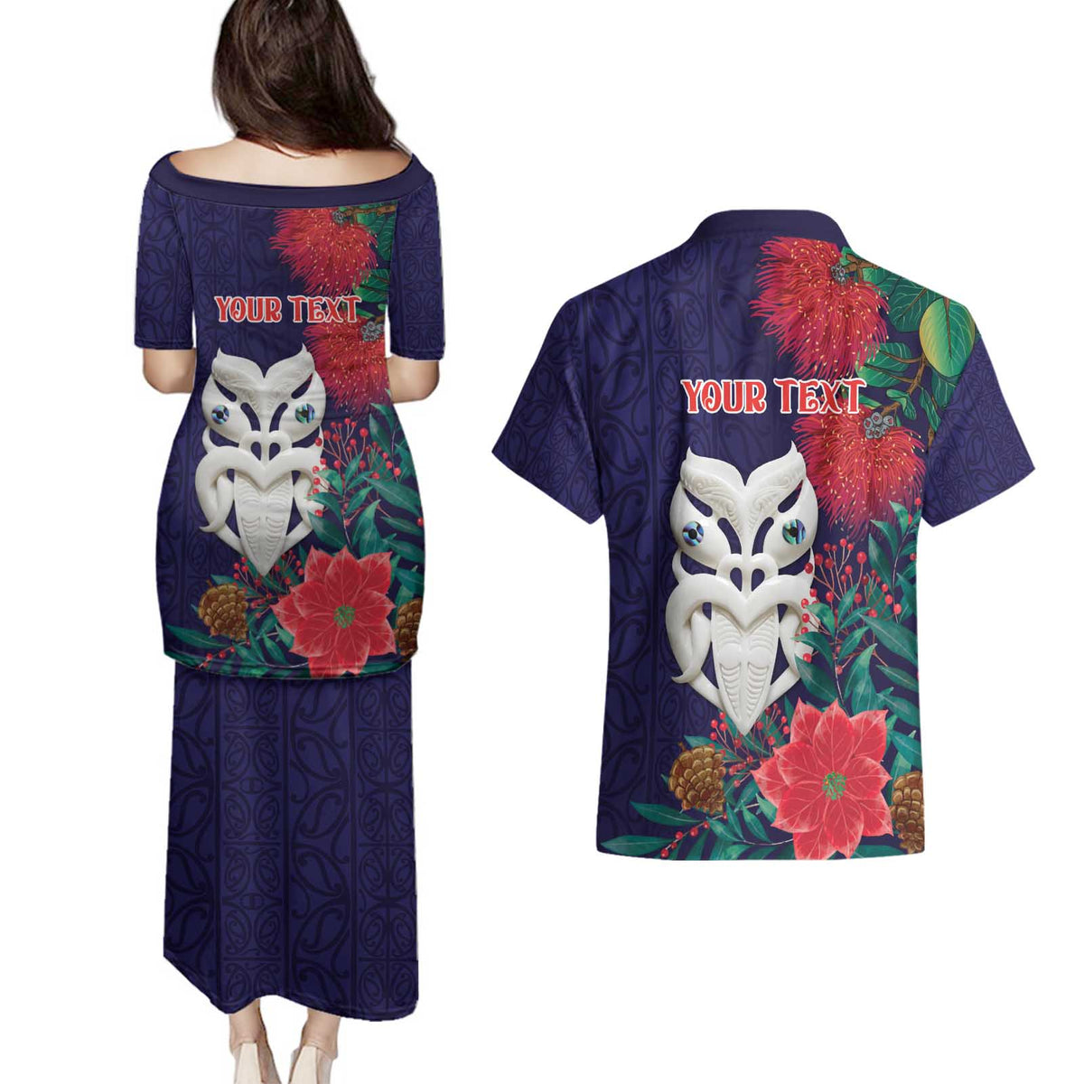 Maori Wheku Meri Kirihimete Personalised Couples Matching Puletasi and Hawaiian Shirt All Blue Indigenous Maori Motif LT9 - Polynesian Pride