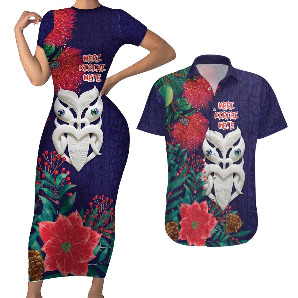 Maori Wheku Meri Kirihimete Personalised Couples Matching Short Sleeve Bodycon Dress and Hawaiian Shirt All Blue Indigenous Maori Motif LT9 Blue - Polynesian Pride