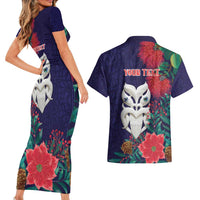 Maori Wheku Meri Kirihimete Personalised Couples Matching Short Sleeve Bodycon Dress and Hawaiian Shirt All Blue Indigenous Maori Motif LT9 - Polynesian Pride