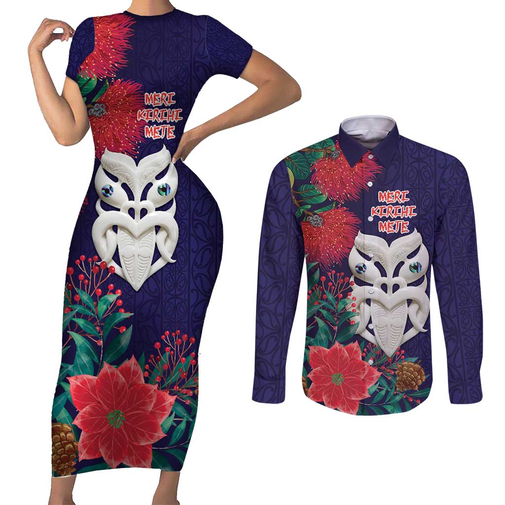 Maori Wheku Meri Kirihimete Personalised Couples Matching Short Sleeve Bodycon Dress and Long Sleeve Button Shirt All Blue Indigenous Maori Motif LT9 Blue - Polynesian Pride