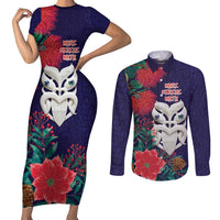 Maori Wheku Meri Kirihimete Personalised Couples Matching Short Sleeve Bodycon Dress and Long Sleeve Button Shirt All Blue Indigenous Maori Motif LT9 Blue - Polynesian Pride