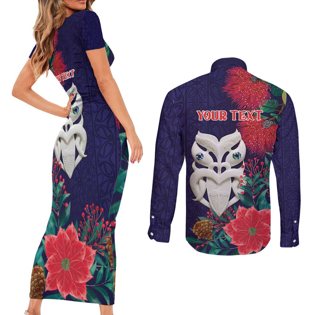 Maori Wheku Meri Kirihimete Personalised Couples Matching Short Sleeve Bodycon Dress and Long Sleeve Button Shirt All Blue Indigenous Maori Motif LT9 - Polynesian Pride