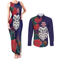 Maori Wheku Meri Kirihimete Personalised Couples Matching Tank Maxi Dress and Long Sleeve Button Shirt All Blue Indigenous Maori Motif LT9 Blue - Polynesian Pride