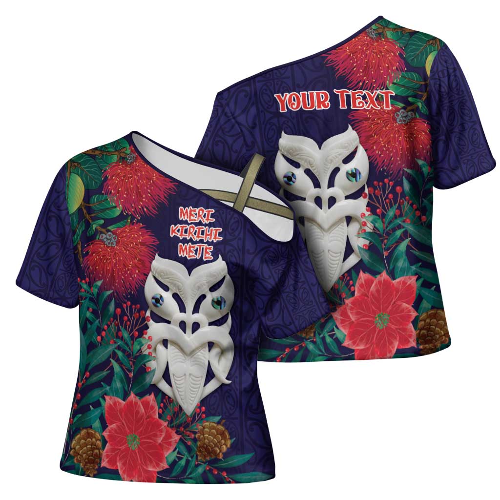 Maori Wheku Meri Kirihimete Personalised Cross Shoulder Shirt All Blue Indigenous Maori Motif - Polynesian Pride