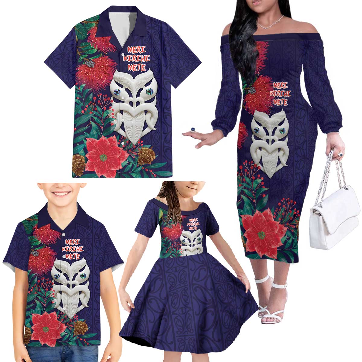 Maori Wheku Meri Kirihimete Personalised Family Matching Off The Shoulder Long Sleeve Dress and Hawaiian Shirt All Blue Indigenous Maori Motif - Polynesian Pride
