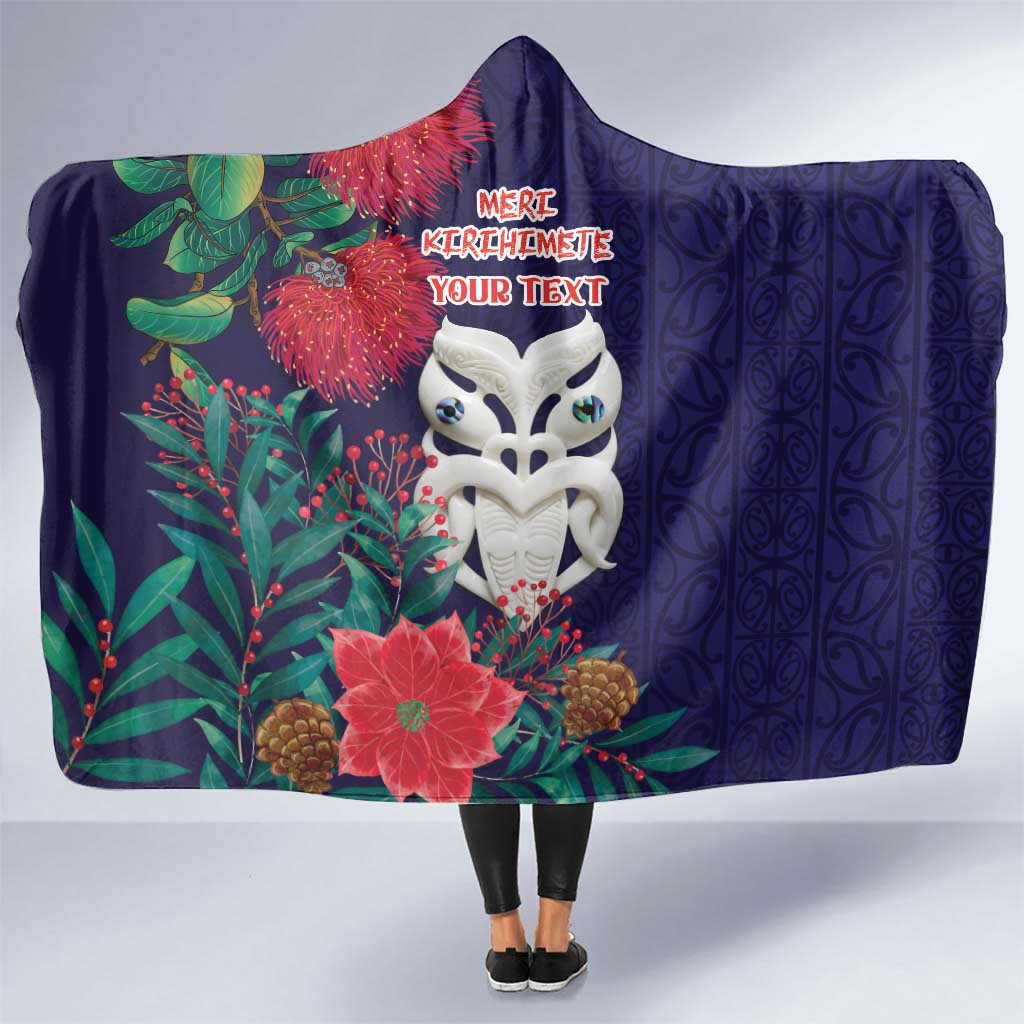 Maori Wheku Meri Kirihimete Personalised Hooded Blanket All Blue Indigenous Maori Motif - Polynesian Pride