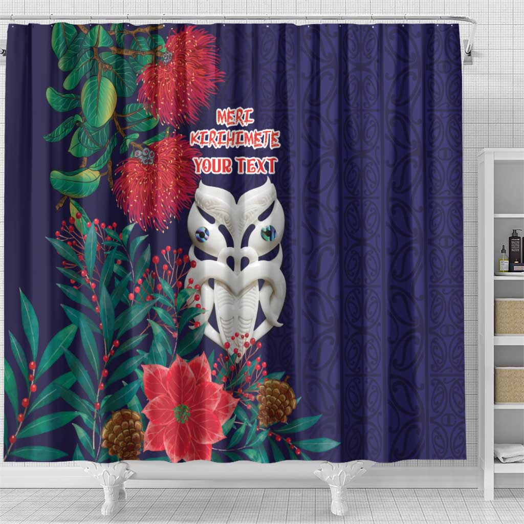 Maori Wheku Meri Kirihimete Personalised Shower Curtain All Blue Indigenous Maori Motif - Polynesian Pride