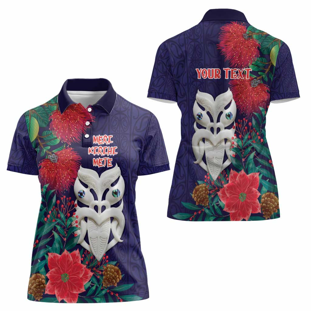 Maori Wheku Meri Kirihimete Personalised Women Polo Shirt All Blue Indigenous Maori Motif LT9 - Polynesian Pride