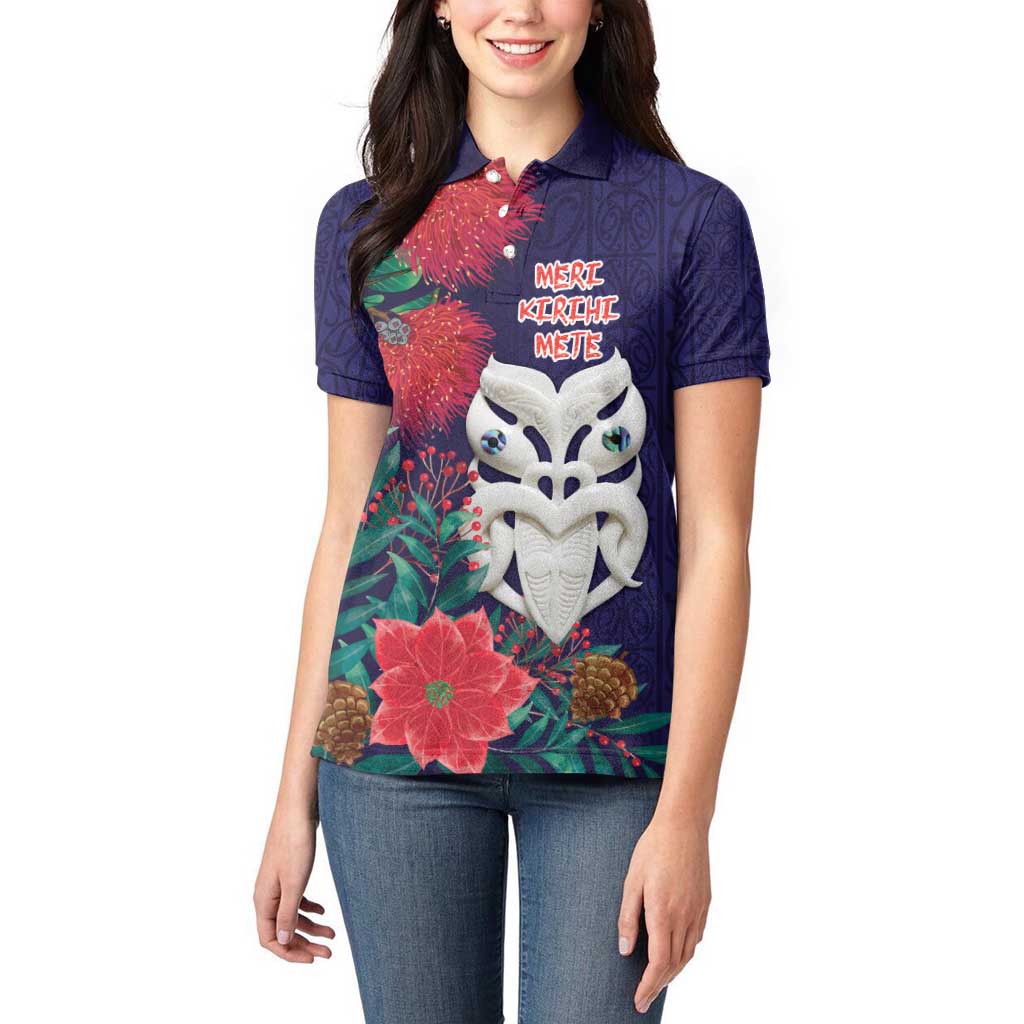 Maori Wheku Meri Kirihimete Personalised Women Polo Shirt All Blue Indigenous Maori Motif LT9 - Polynesian Pride